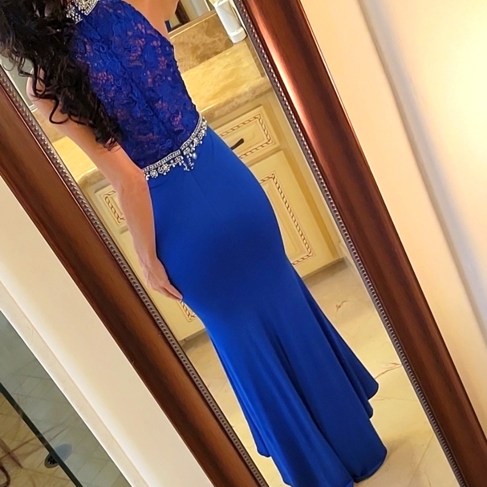 Blue Pearl & Rhinestoned Embellished Mermaid High-low Formal Dress, XS - Picture 8 of 16